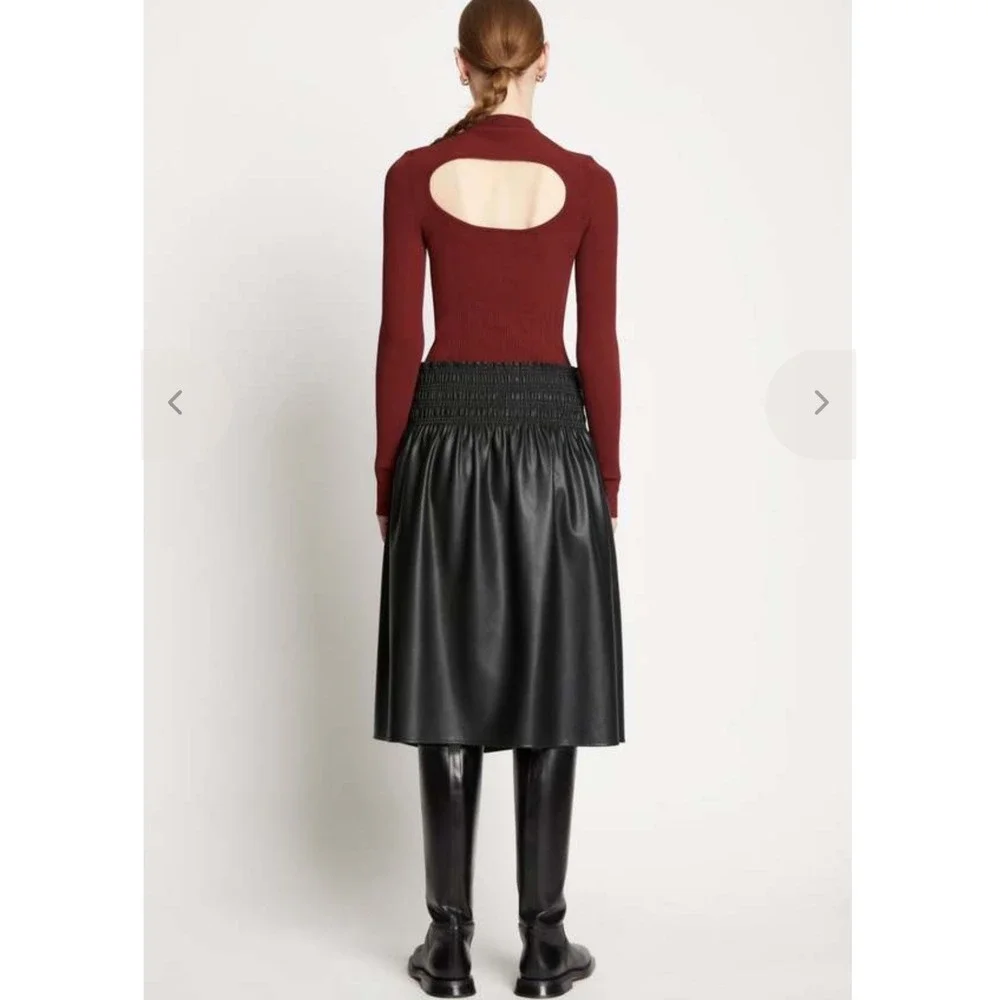 Proenza Schouler Black Vegan Leather Smocked Midi Skirt Office Siren Old Money S